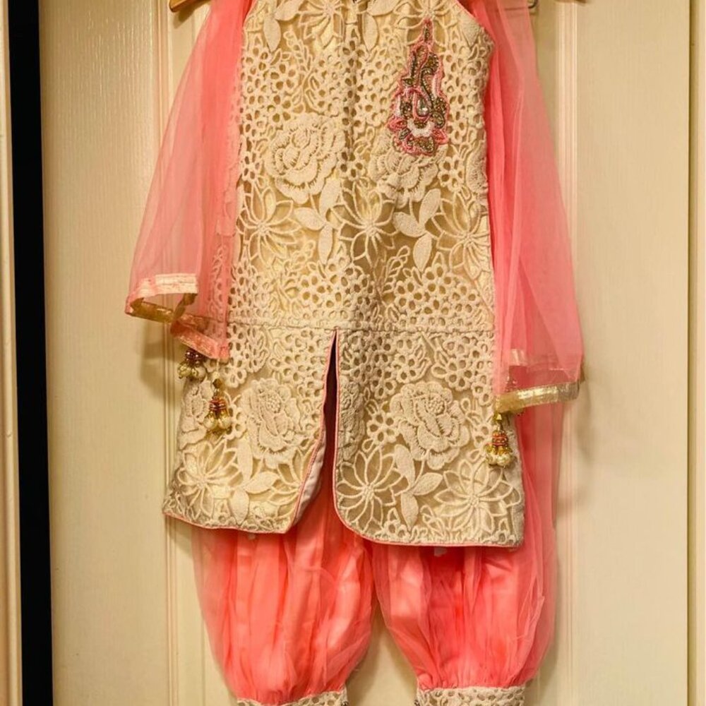 Indian Wedding Dress Girls Salwar Kurta Party Wear Eid Indian Girls Ivory Pink